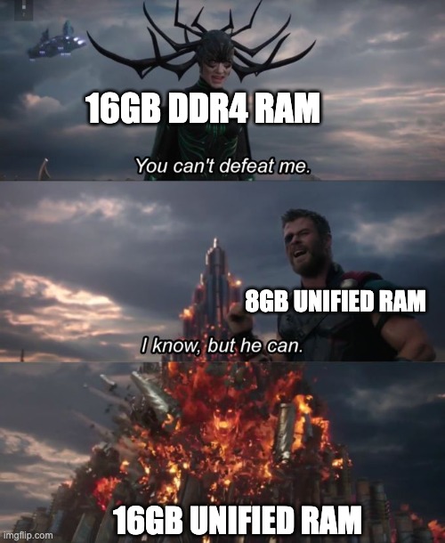 Apple's RAM scam | 16GB DDR4 RAM; 8GB UNIFIED RAM; 16GB UNIFIED RAM | image tagged in you can't defeat me | made w/ Imgflip meme maker