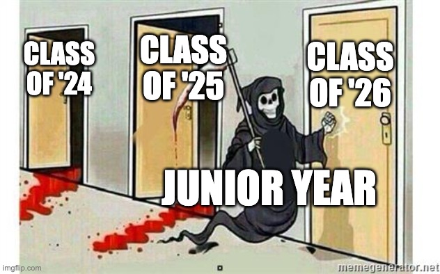 junior year be like | CLASS OF '26; CLASS OF '25; CLASS OF '24; JUNIOR YEAR | image tagged in grim reaper knocking door | made w/ Imgflip meme maker