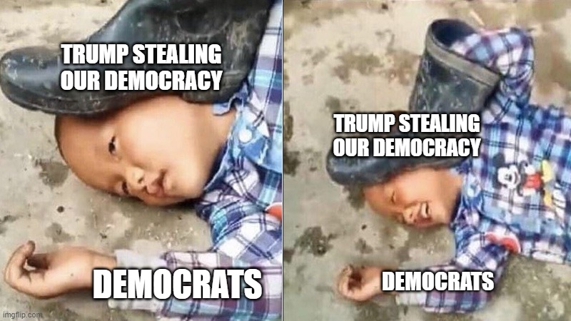 Trump stealing our democracy boot on head | TRUMP STEALING
OUR DEMOCRACY; TRUMP STEALING
OUR DEMOCRACY; DEMOCRATS; DEMOCRATS | image tagged in pressing a boot on your own head | made w/ Imgflip meme maker