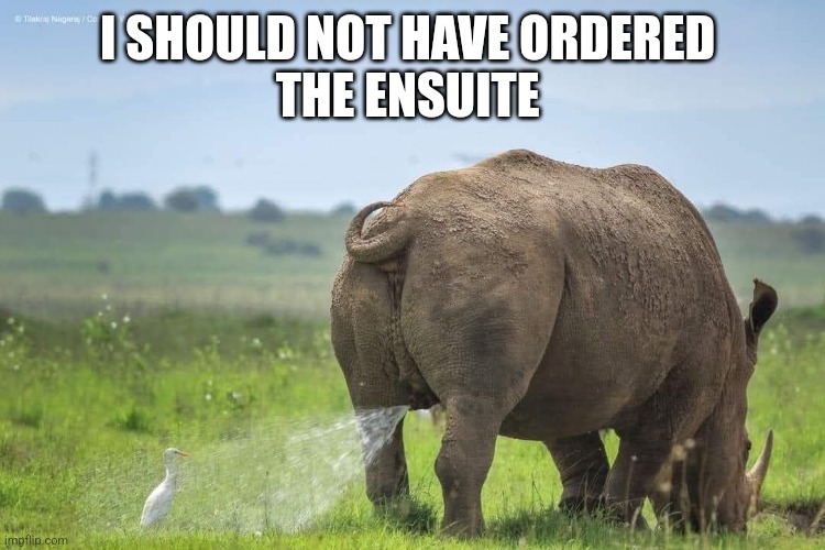 Funny shower | I SHOULD NOT HAVE ORDERED 
THE ENSUITE | image tagged in animals | made w/ Imgflip meme maker