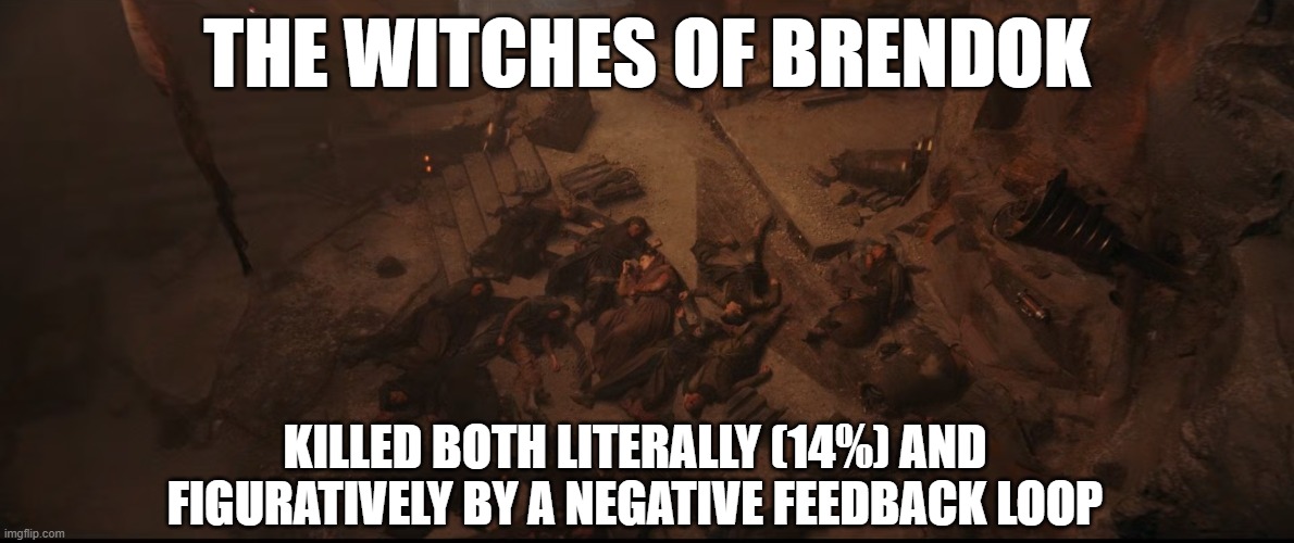 Killed By a Negative Feedback Loop | THE WITCHES OF BRENDOK; KILLED BOTH LITERALLY (14%) AND FIGURATIVELY BY A NEGATIVE FEEDBACK LOOP | image tagged in star wars,the acolyte | made w/ Imgflip meme maker