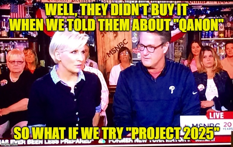 Morning Joe 1 | WELL, THEY DIDN'T BUY IT WHEN WE TOLD THEM ABOUT "QANON" SO WHAT IF WE TRY "PROJECT 2025" | image tagged in morning joe 1 | made w/ Imgflip meme maker