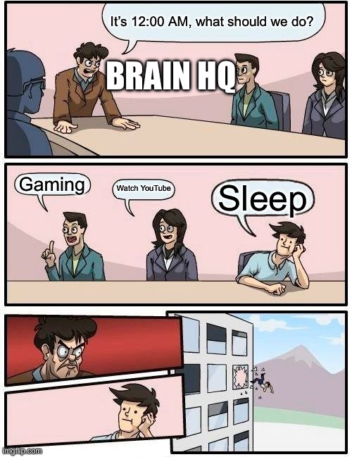 My brain be like | It’s 12:00 AM, what should we do? BRAIN HQ; Gaming; Watch YouTube; Sleep | image tagged in memes,boardroom meeting suggestion | made w/ Imgflip meme maker