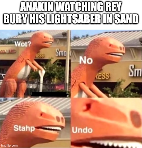 wot? No Stahp Undo | ANAKIN WATCHING REY BURY HIS LIGHTSABER IN SAND | image tagged in wot no stahp undo | made w/ Imgflip meme maker