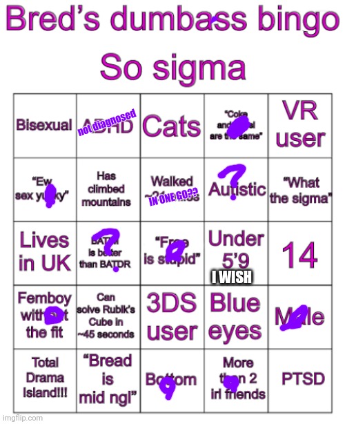 Bred’s stupid bingo | not diagnosed; IN ONE GO?? I WISH | image tagged in bred s stupid bingo | made w/ Imgflip meme maker