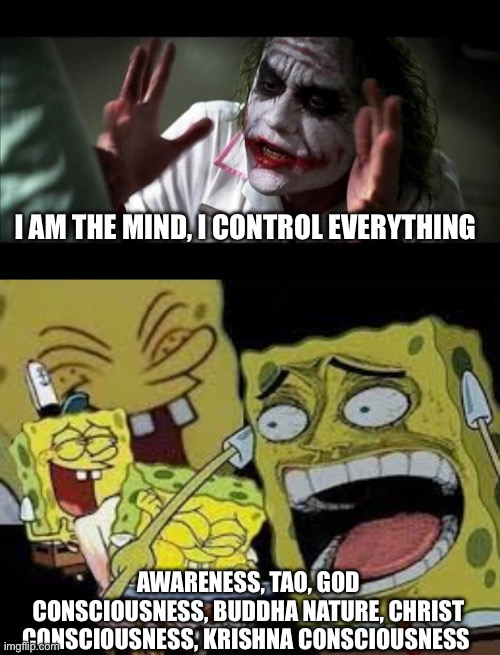 I Am (THAT), I Am | I AM THE MIND, I CONTROL EVERYTHING; AWARENESS, TAO, GOD CONSCIOUSNESS, BUDDHA NATURE, CHRIST CONSCIOUSNESS, KRISHNA CONSCIOUSNESS | image tagged in joker mind loss,spongebob goes nuts | made w/ Imgflip meme maker