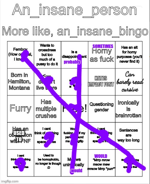 SOMETIMES; probably; USED TO; WOULD; would | image tagged in an insane bingo | made w/ Imgflip meme maker