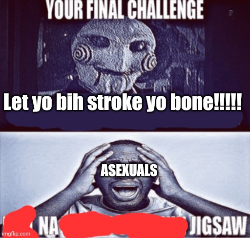 your final challenge | Let yo bih stroke yo bone!!!!! ASEXUALS | image tagged in your final challenge | made w/ Imgflip meme maker