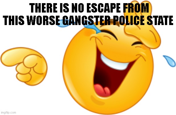 Laughing emoji | THERE IS NO ESCAPE FROM THIS WORSE GANGSTER POLICE STATE | image tagged in laughing emoji | made w/ Imgflip meme maker