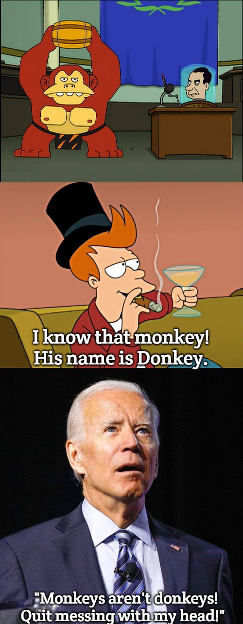 Donkey Kong | I know that monkey! His name is Donkey. "Monkeys aren't donkeys! Quit messing with my head!" | image tagged in futurama rich fry,joe biden,donkey kong,slavic | made w/ Imgflip meme maker