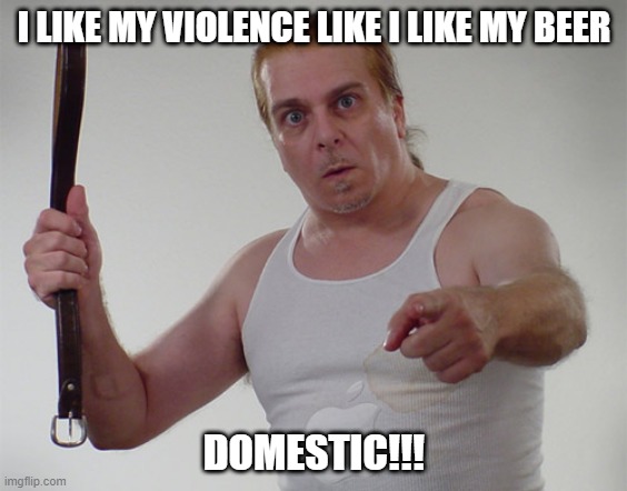 Wife Beater Says | I LIKE MY VIOLENCE LIKE I LIKE MY BEER; DOMESTIC!!! | image tagged in wife beater1 | made w/ Imgflip meme maker