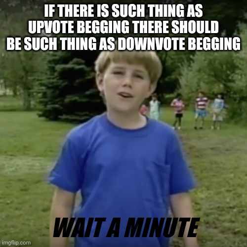 Wait a minute... | IF THERE IS SUCH THING AS UPVOTE BEGGING THERE SHOULD BE SUCH THING AS DOWNVOTE BEGGING; WAIT A MINUTE | image tagged in kazoo kid wait a minute who are you,memes,meme,funny,funny memes,funny meme | made w/ Imgflip meme maker