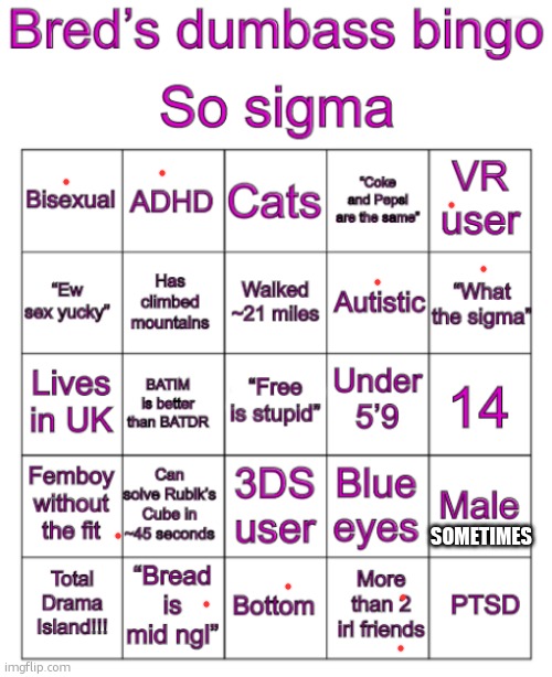 Bred’s stupid bingo | SOMETIMES | image tagged in bred s stupid bingo | made w/ Imgflip meme maker