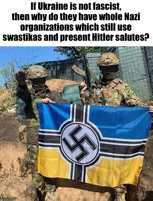 Examples: Azov Battalion, Right Sector, Svoboda party, Maidan | If Ukraine is not fascist, then why do they have whole Nazi organizations which still use swastikas and present Hitler salutes? | image tagged in azov battalion neonazi bad guys with flag,nazis | made w/ Imgflip meme maker