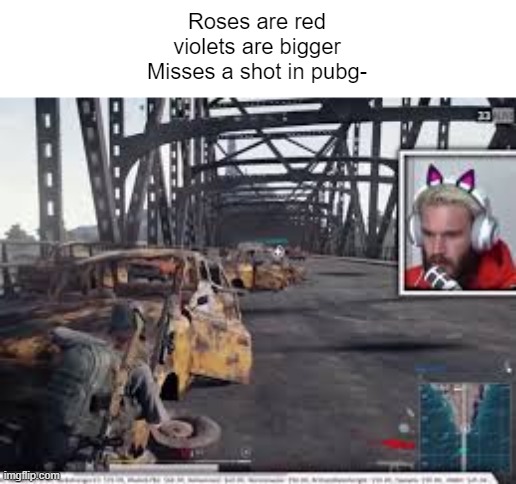 Roses are red
violets are bigger
Misses a shot in pubg- | made w/ Imgflip meme maker