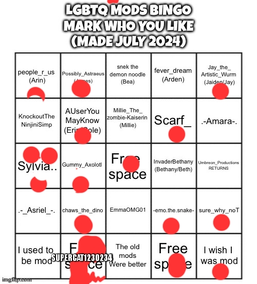 Supercat deserves a place in that bingo bruh | SUPERCAT1230234 | image tagged in lgbtq mods bingo july 2024 | made w/ Imgflip meme maker