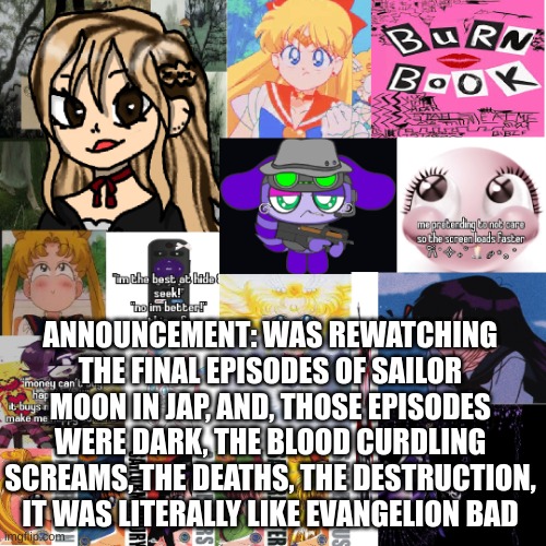 ANNOUNCEMENT: WAS REWATCHING THE FINAL EPISODES OF SAILOR MOON IN JAP, AND, THOSE EPISODES WERE DARK, THE BLOOD CURDLING SCREAMS, THE DEATHS, THE DESTRUCTION, IT WAS LITERALLY LIKE EVANGELION BAD | image tagged in fep tem 3 | made w/ Imgflip meme maker