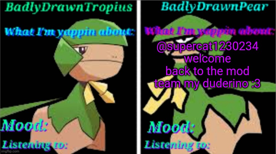 BDT + BDP Announcement temp | @supercat1230234 welcome back to the mod team my duderino :3 | image tagged in bdt bdp announcement temp | made w/ Imgflip meme maker