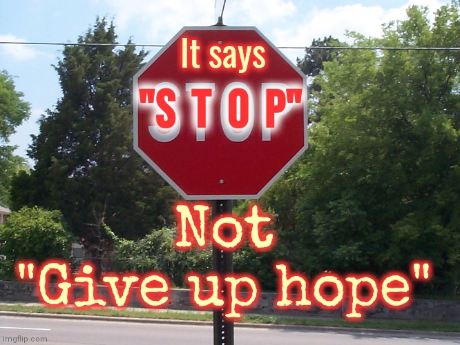 It's Just A Stop Sign.  It's Not Meant To Be Permanent | It says; "S  T  O  P"; Not
"Give up hope" | image tagged in stop sign,bad drivers,asshole driver,drivers,driving,memes | made w/ Imgflip meme maker