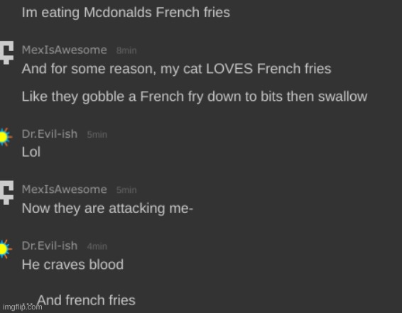 My cat will go through heaven and earth for a mcdonalds French fry. They just stop attacking me so they can get it. | made w/ Imgflip meme maker