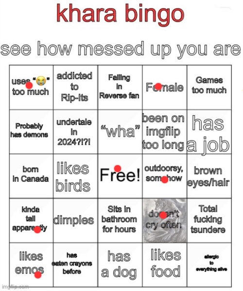 dang bingos are fun | image tagged in khara bingo | made w/ Imgflip meme maker