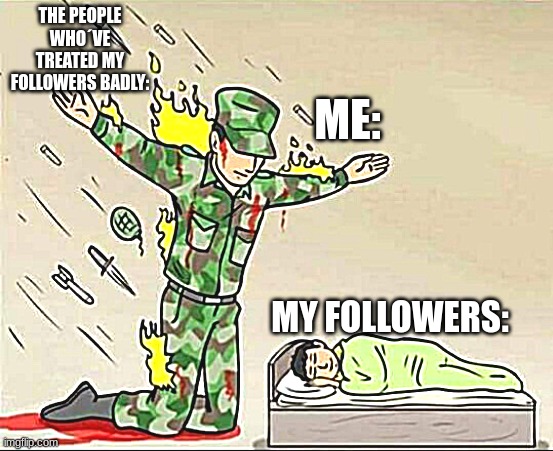 you guys are the best! | THE PEOPLE WHO´VE TREATED MY FOLLOWERS BADLY:; ME:; MY FOLLOWERS: | image tagged in soldier protecting kid | made w/ Imgflip meme maker