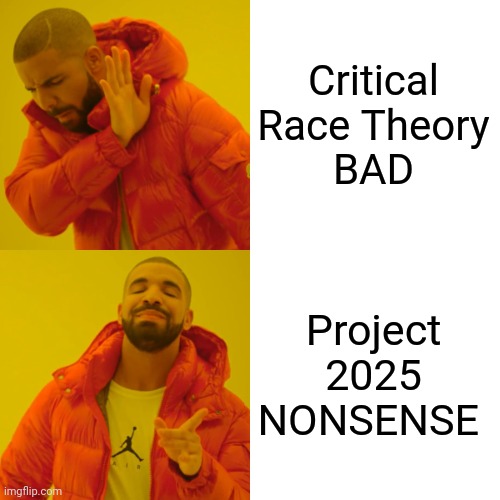 Drake Hotline Bling Meme | Critical Race Theory
BAD Project 2025
NONSENSE | image tagged in memes,drake hotline bling | made w/ Imgflip meme maker