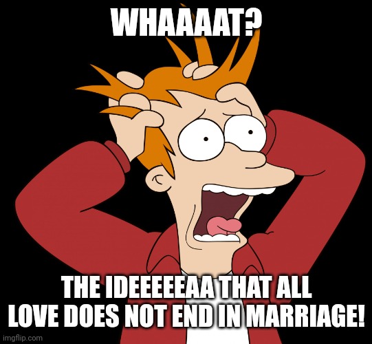 Futurama Fry Screaming | WHAAAAT? THE IDEEEEEAA THAT ALL LOVE DOES NOT END IN MARRIAGE! | image tagged in futurama fry screaming | made w/ Imgflip meme maker