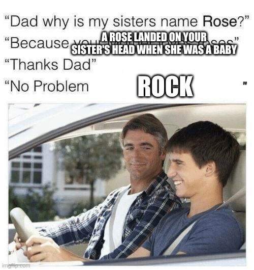 that why he look smushed | A ROSE LANDED ON YOUR SISTER'S HEAD WHEN SHE WAS A BABY; ROCK | image tagged in why is my sister's name rose | made w/ Imgflip meme maker
