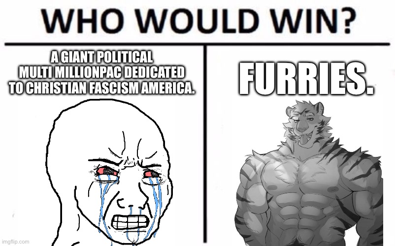 Haha get rekt heritage foundation | A GIANT POLITICAL MULTI MILLIONPAC DEDICATED TO CHRISTIAN FASCISM AMERICA. FURRIES. | image tagged in memes,who would win,furries,project 2025,get rekt | made w/ Imgflip meme maker