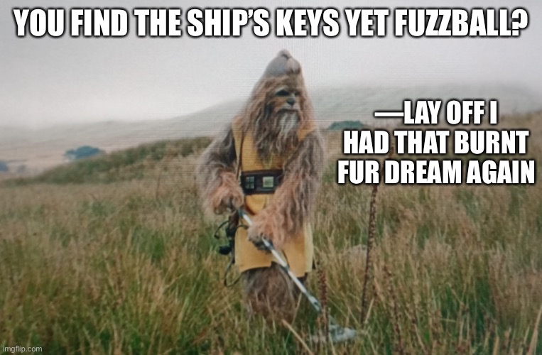 Jedi Wookie | YOU FIND THE SHIP’S KEYS YET FUZZBALL? —LAY OFF I HAD THAT BURNT FUR DREAM AGAIN | image tagged in star wars,jedi,wookie | made w/ Imgflip meme maker