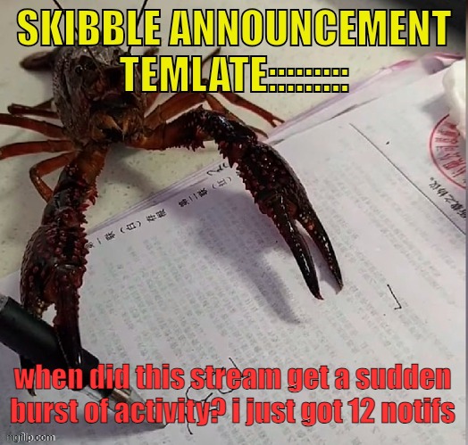 Skibbles announcement template v2 | when did this stream get a sudden burst of activity? i just got 12 notifs | image tagged in skibbles announcement template v2 | made w/ Imgflip meme maker