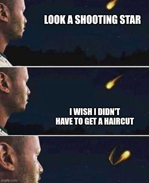 im not the only one right? | LOOK A SHOOTING STAR; I WISH I DIDN'T HAVE TO GET A HAIRCUT | image tagged in shooting star | made w/ Imgflip meme maker