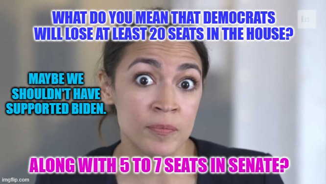 Crazy Alexandria Ocasio-Cortez | WHAT DO YOU MEAN THAT DEMOCRATS WILL LOSE AT LEAST 20 SEATS IN THE HOUSE? MAYBE WE SHOULDN'T HAVE SUPPORTED BIDEN. ALONG WITH 5 TO 7 SEATS IN SENATE? | image tagged in crazy alexandria ocasio-cortez | made w/ Imgflip meme maker