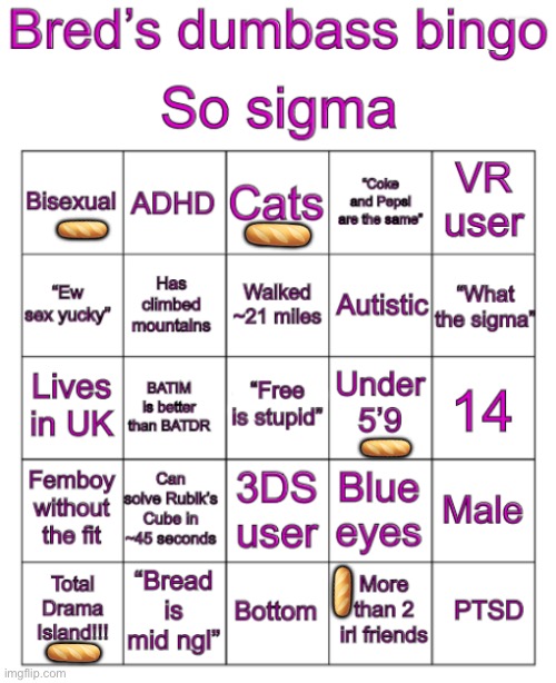 Bred’s bingo (no bingo) | 🥖; 🥖; 🥖; 🥖; 🥖 | image tagged in bred s stupid bingo,bingo,lgbtq,bisexual,cats,total drama | made w/ Imgflip meme maker