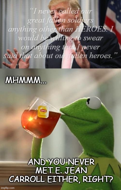 "A man who'll swear on anything values nothing." *OR* "Tell me what you value so I can use it to manipulate you." | “I never called our great fallen soldiers anything other than HEROES. I would be willing to swear on anything that I never said that about our fallen heroes.”; MHMMM... AND YOU NEVER MET E. JEAN CARROLL EITHER, RIGHT? | image tagged in trump huge,memes,but that's none of my business | made w/ Imgflip meme maker