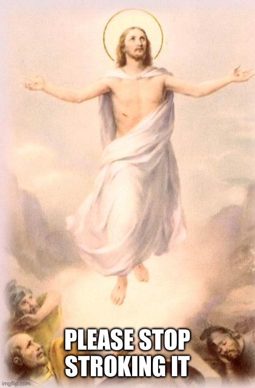 Jesus rising | PLEASE STOP STROKING IT | image tagged in jesus rising | made w/ Imgflip meme maker