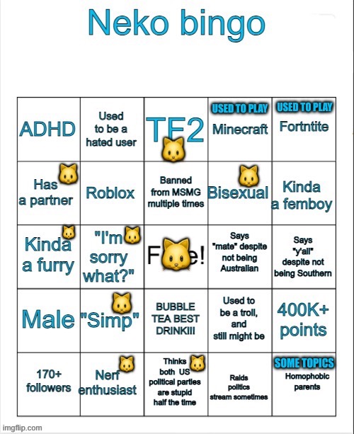 Neko bingo #2 (no bingo. Reposted because I forgot to mark one) | 🐱 | image tagged in neko bingo,bingo,lgbtq,bisexual,furry,nerf | made w/ Imgflip meme maker