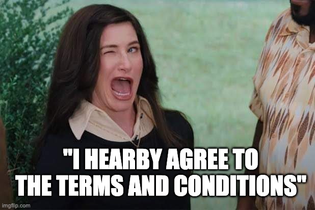 I couldn't decide on a title | "I HEARBY AGREE TO THE TERMS AND CONDITIONS" | image tagged in wandavision agnes wink | made w/ Imgflip meme maker