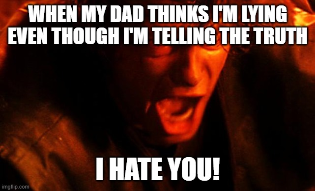 anakin-I-hate-you | WHEN MY DAD THINKS I'M LYING EVEN THOUGH I'M TELLING THE TRUTH; I HATE YOU! | image tagged in anakin-i-hate-you | made w/ Imgflip meme maker
