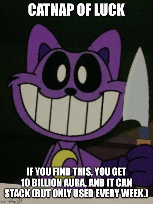 Good luck finding it >:3 | CATNAP OF LUCK; IF YOU FIND THIS, YOU GET 10 BILLION AURA, AND IT CAN STACK (BUT ONLY USED EVERY WEEK.) | image tagged in catnap | made w/ Imgflip meme maker