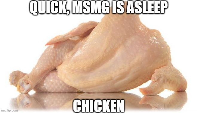 im tired, this is stupid i know | QUICK, MSMG IS ASLEEP; CHICKEN | image tagged in sexy chicken | made w/ Imgflip meme maker