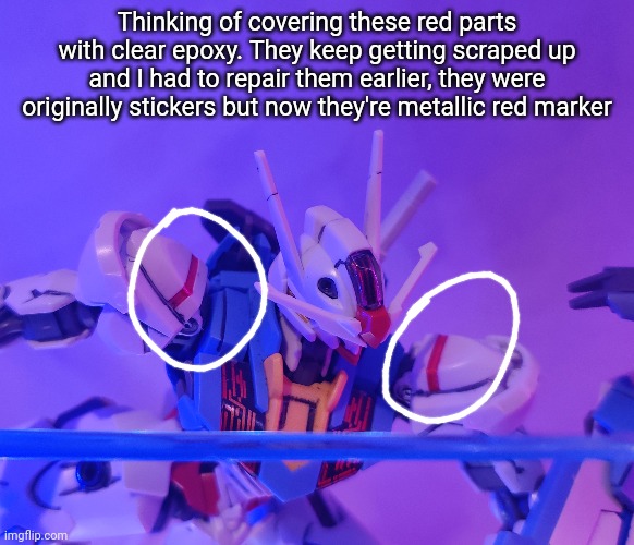 Thinking of covering these red parts with clear epoxy. They keep getting scraped up and I had to repair them earlier, they were originally stickers but now they're metallic red marker | made w/ Imgflip meme maker