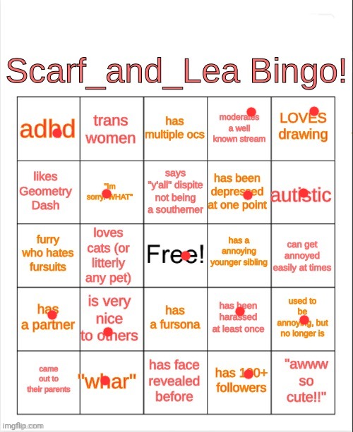 Scarf_and_Lea Bingo | image tagged in scarf_and_lea bingo | made w/ Imgflip meme maker