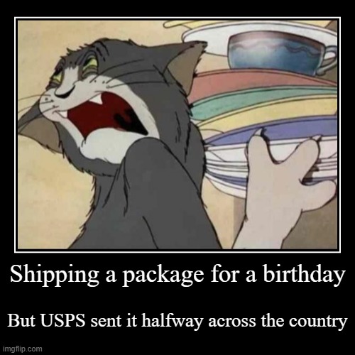 I ordered this a month ahead | Shipping a package for a birthday | But USPS sent it halfway across the country | image tagged in funny,demotivationals,usps,birthday,why can't this stuff just arrive | made w/ Imgflip demotivational maker