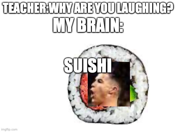 no context | MY BRAIN:; TEACHER:WHY ARE YOU LAUGHING? SUISHI | image tagged in fun | made w/ Imgflip meme maker