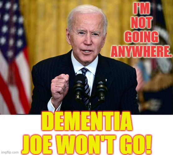 Dementia Joe Won't Go! | I'M NOT GOING ANYWHERE. DEMENTIA JOE WON'T GO! | image tagged in memes,dementia,joe biden,he will never,leave,election | made w/ Imgflip meme maker