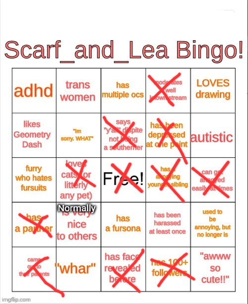 Scarf_and_Lea Bingo | Normally | image tagged in scarf_and_lea bingo | made w/ Imgflip meme maker