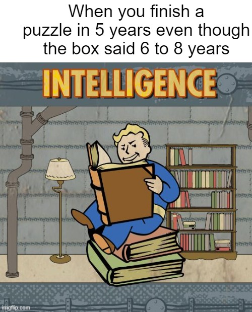 smort | When you finish a puzzle in 5 years even though the box said 6 to 8 years | image tagged in fallout intelligence | made w/ Imgflip meme maker
