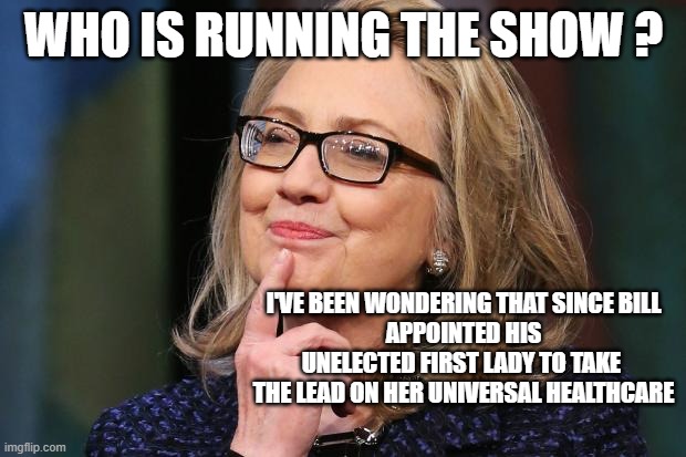 Hillary Clinton | WHO IS RUNNING THE SHOW ? I'VE BEEN WONDERING THAT SINCE BILL
APPOINTED HIS UNELECTED FIRST LADY TO TAKE 
THE LEAD ON HER UNIVERSAL HEALTHCA | image tagged in hillary clinton | made w/ Imgflip meme maker